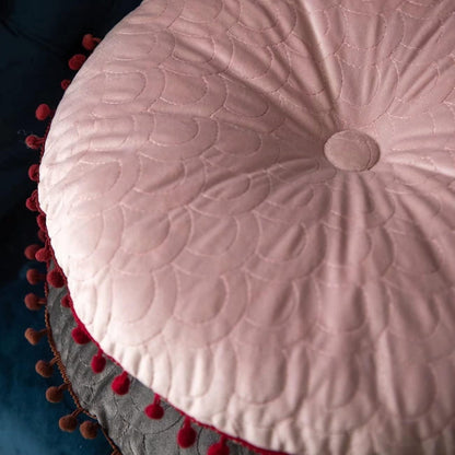 Ottoman Cushion Round Velvet Tufted Pom-Pom Trim