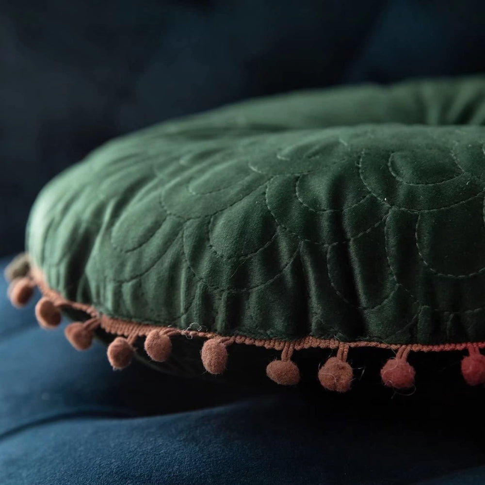 Ottoman Cushion Round Velvet Tufted Pom-Pom Trim