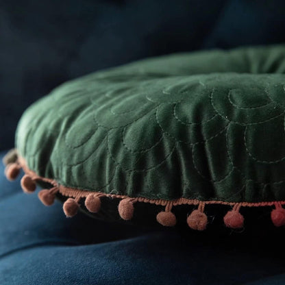 Ottoman Cushion Round Velvet Tufted Pom-Pom Trim