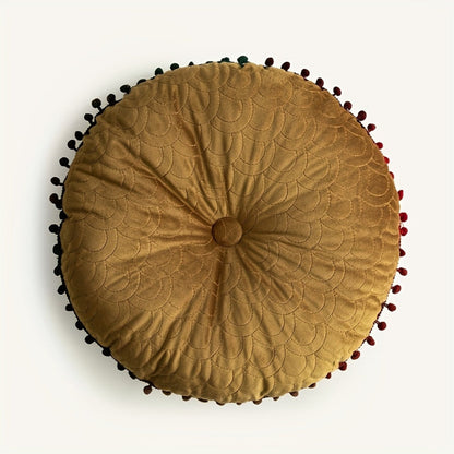 Ottoman Cushion Round Velvet Tufted Pom-Pom Trim