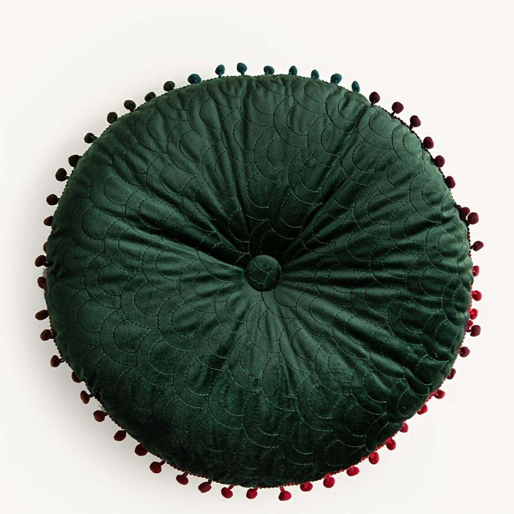 Ottoman Cushion Round Velvet Tufted Pom-Pom Trim