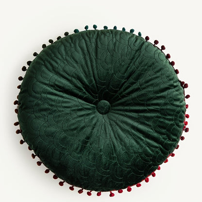Ottoman Cushion Round Velvet Tufted Pom-Pom Trim