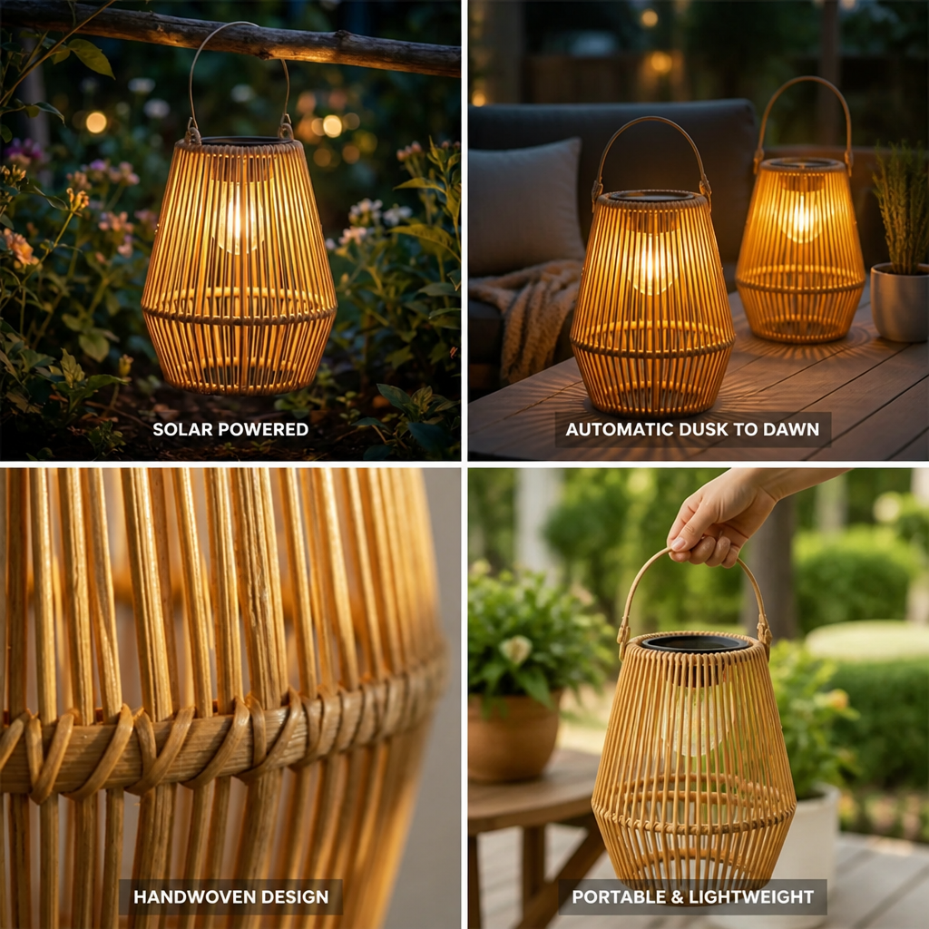 Outdoor Hanging Lanterns Solar-Powered Woven Set of Two