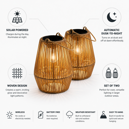 Outdoor Hanging Lanterns Solar-Powered Woven Set of Two
