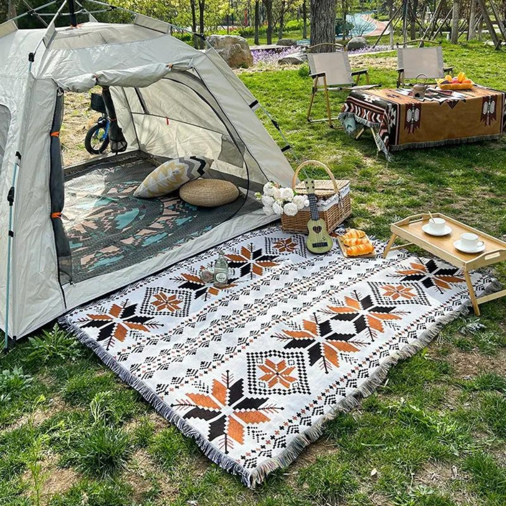 Outdoor Picnic Mat Moroccan Boho Microfiber & Cotton Water-Resistant
