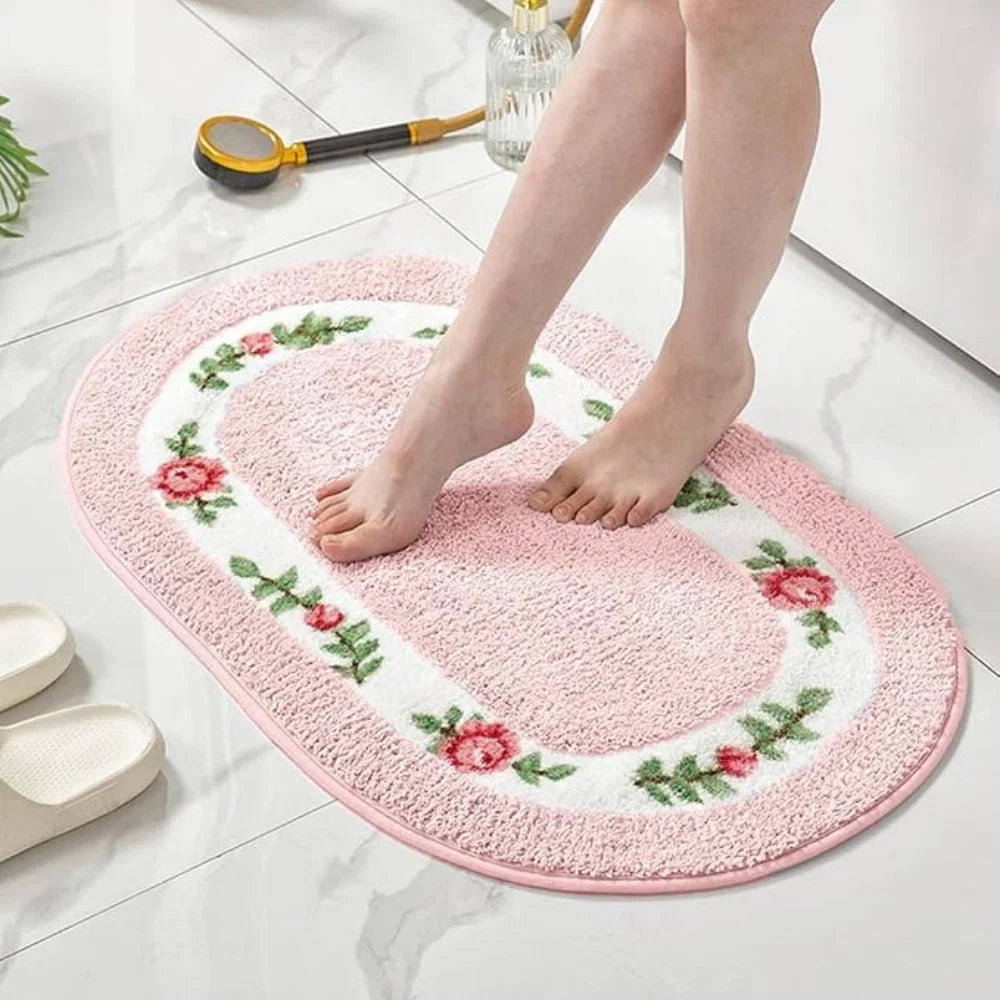 Oval Bath Mat Plush Microfiber Absorbent & Non-Slip Backing