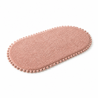 Oval Bath Rug Pompom Trim Plush Non-Slip Backing