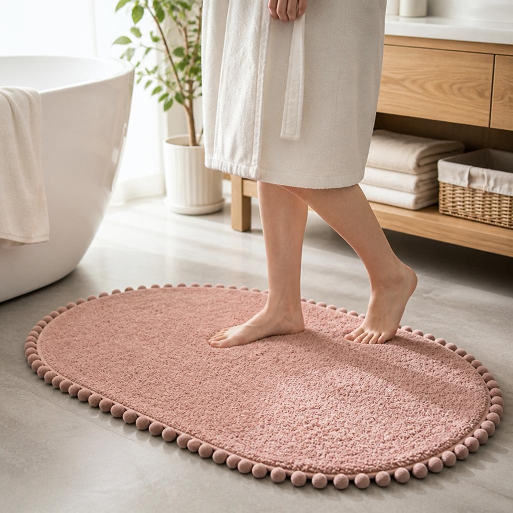 Oval Bath Rug Pompom Trim Plush Non-Slip Backing