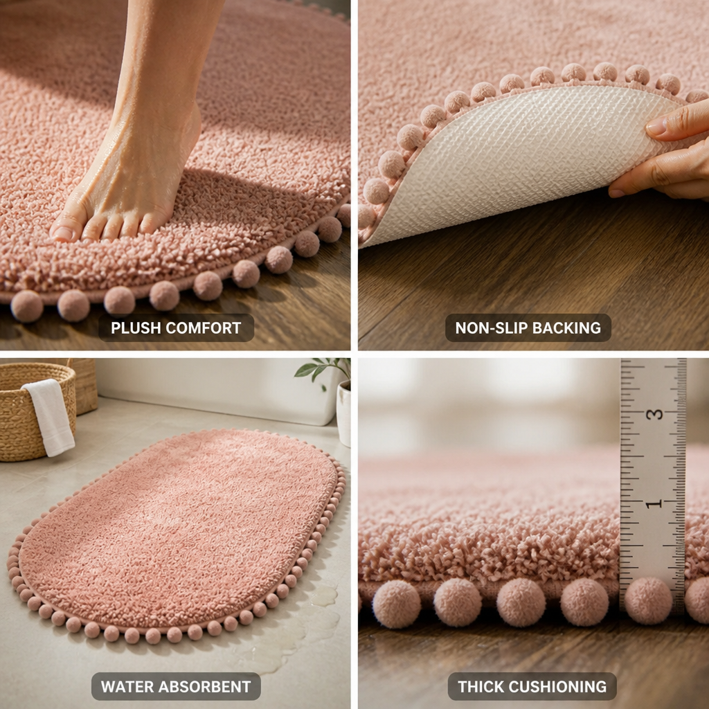 Oval Bath Rug Pompom Trim Plush Non-Slip Backing