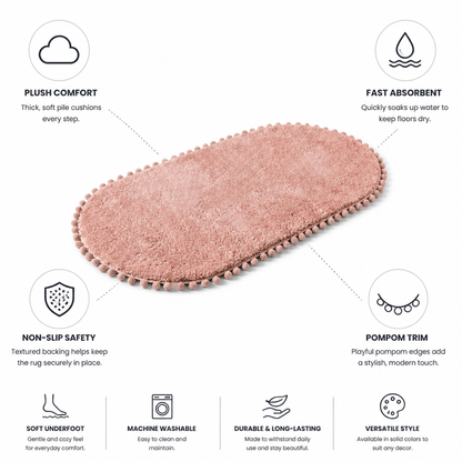 Oval Bath Rug Pompom Trim Plush Non-Slip Backing