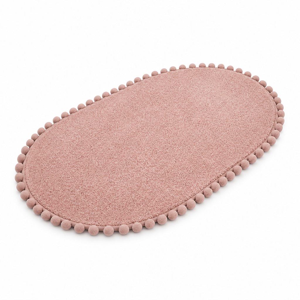 Oval Bath Rug Pompom Trim Plush Non-Slip Backing
