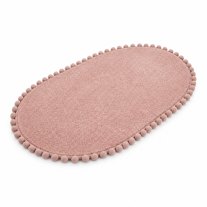 Oval Bath Rug Pompom Trim Plush Non-Slip Backing