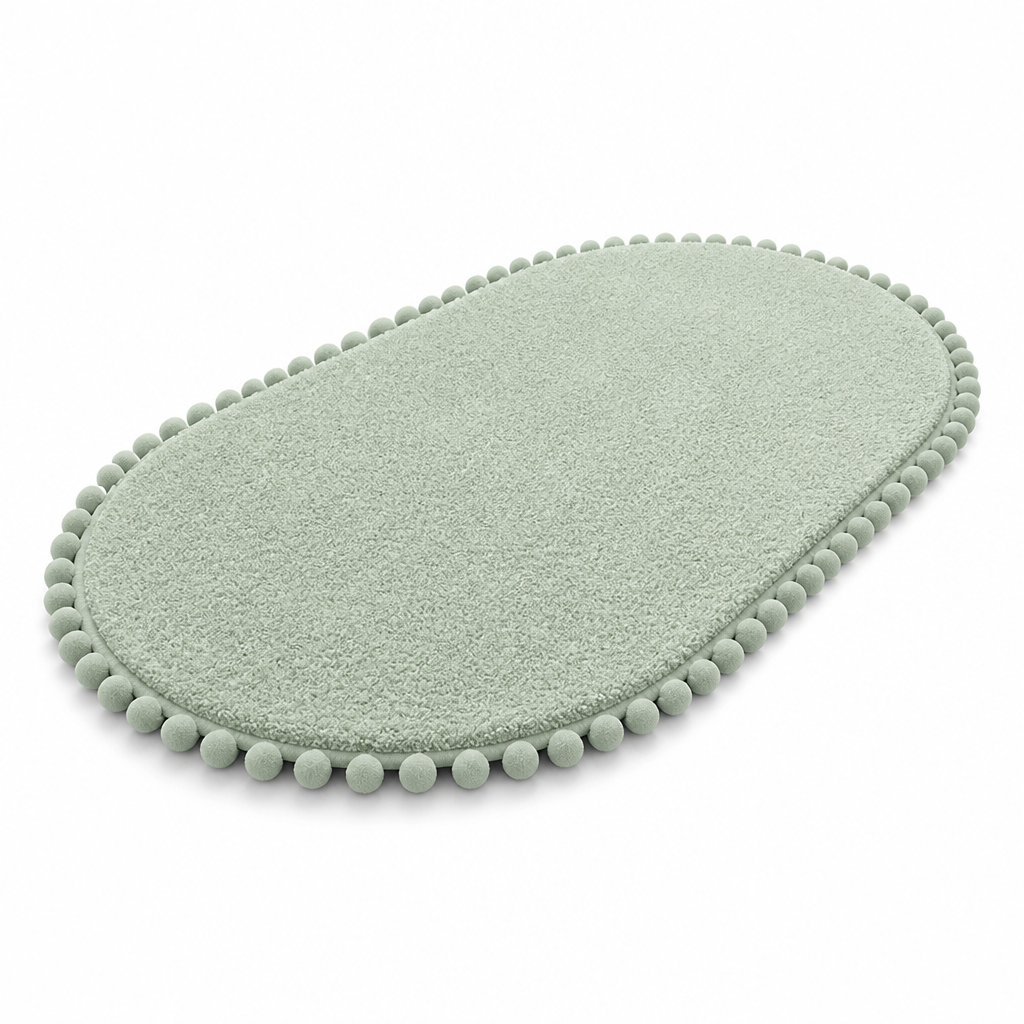 Oval Bath Rug Pompom Trim Plush Non-Slip Backing