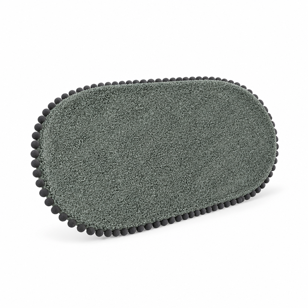 Oval Bath Rug Pompom Trim Plush Non-Slip Backing