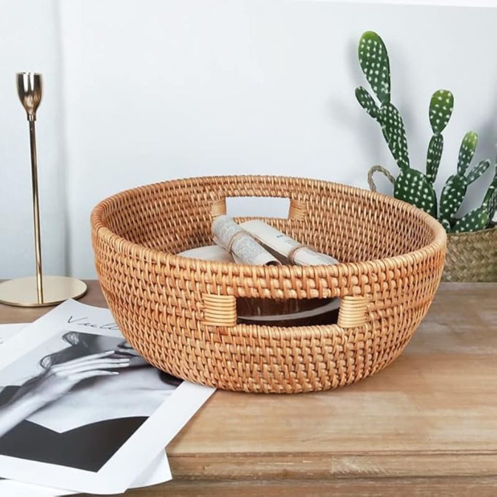 Oval Serving Tray Handwoven Rattan Built-In Handles