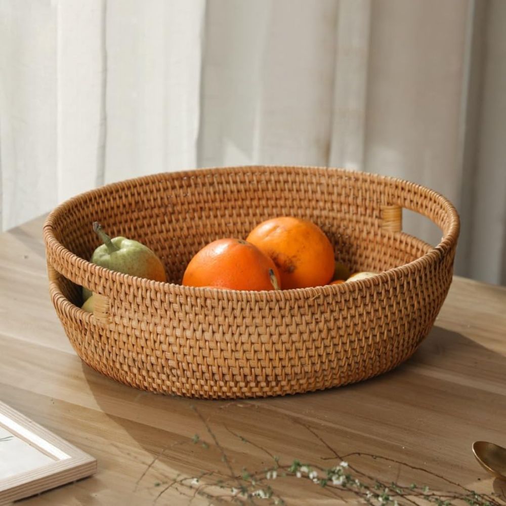 Oval Serving Tray Handwoven Rattan Built-In Handles