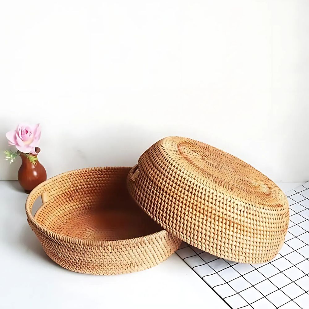 Oval Serving Tray Handwoven Rattan Built-In Handles