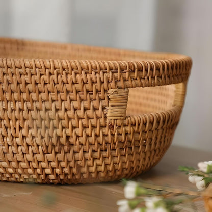 Oval Serving Tray Handwoven Rattan Built-In Handles