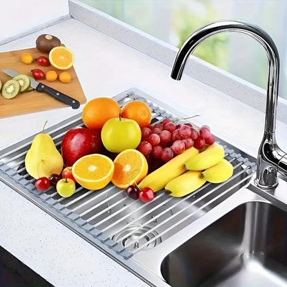 Over-Sink Dish Drying Rack Roll-Up Silicone Coated Stainless Steel