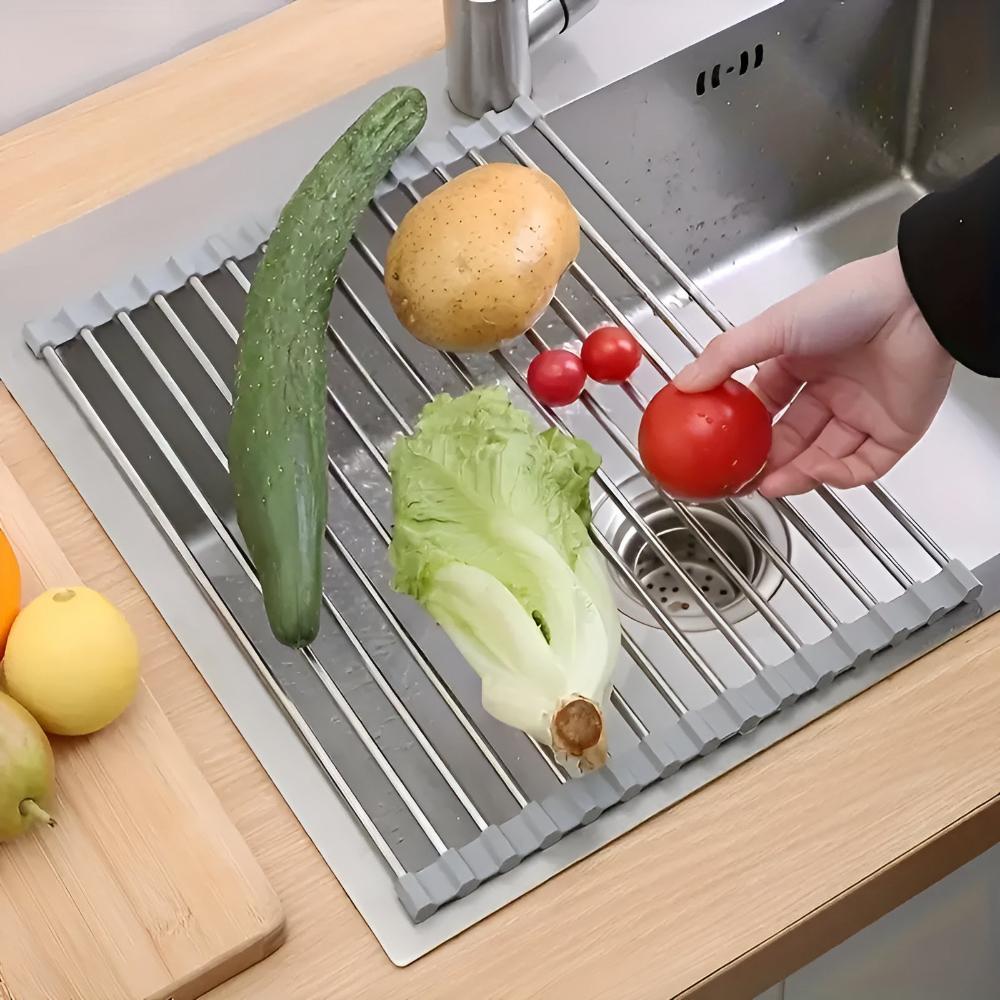 Over-Sink Dish Drying Rack Roll-Up Silicone Coated Stainless Steel