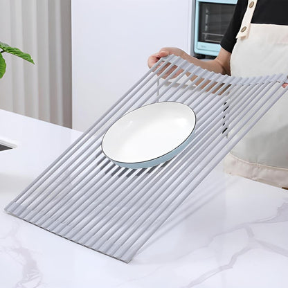 Over-Sink Dish Drying Rack Roll-Up Silicone Coated Stainless Steel