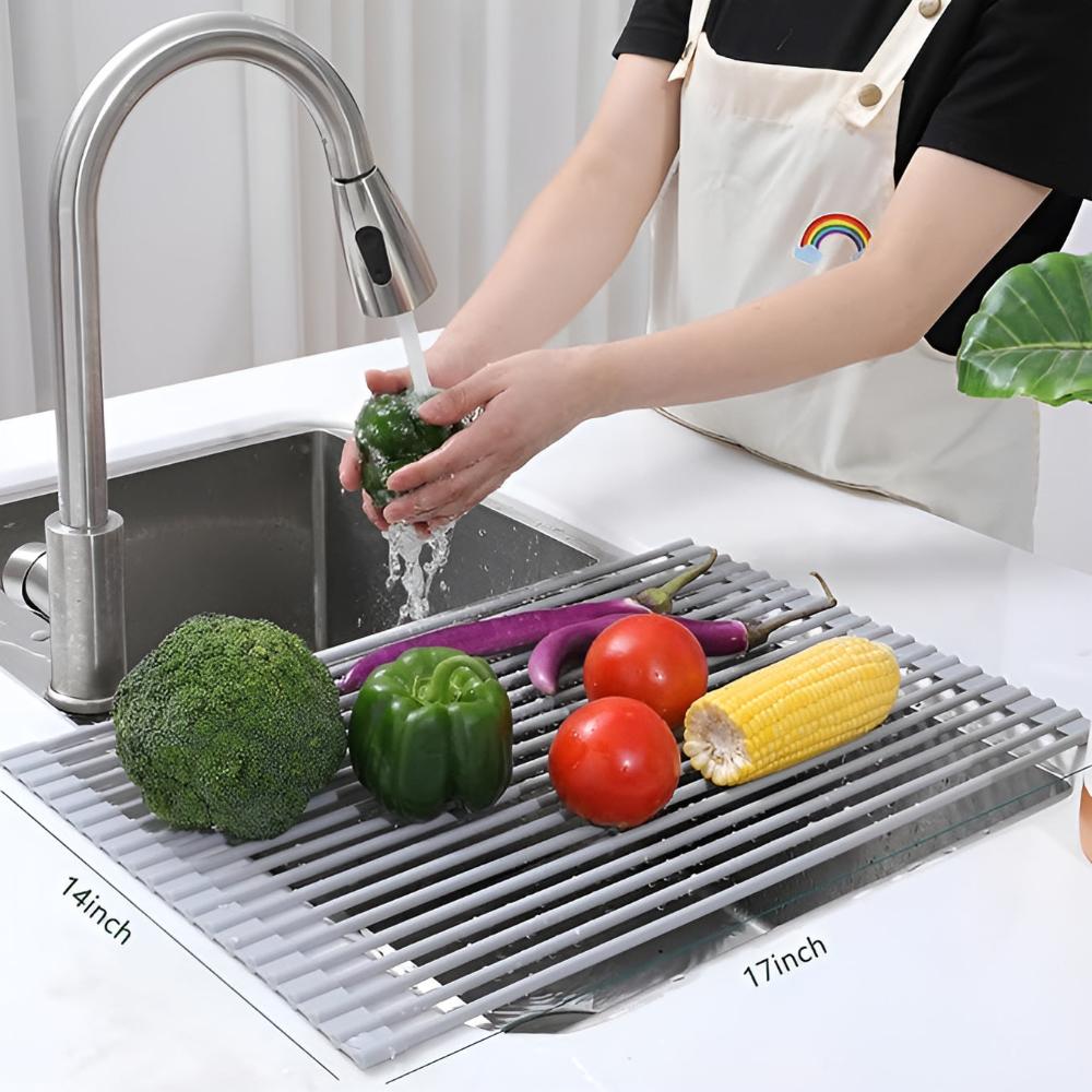 Over-Sink Dish Drying Rack Roll-Up Silicone Coated Stainless Steel