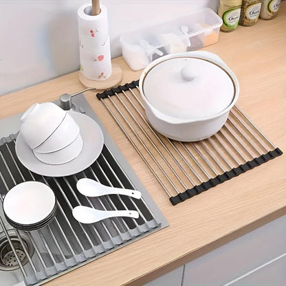 Over-Sink Dish Drying Rack Roll-Up Silicone Coated Stainless Steel
