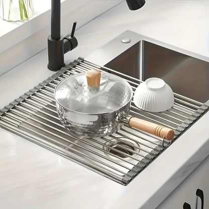 Over-Sink Dish Drying Rack Roll-Up Silicone Coated Stainless Steel
