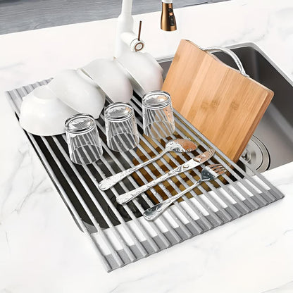 Over-Sink Dish Drying Rack Roll-Up Silicone Coated Stainless Steel