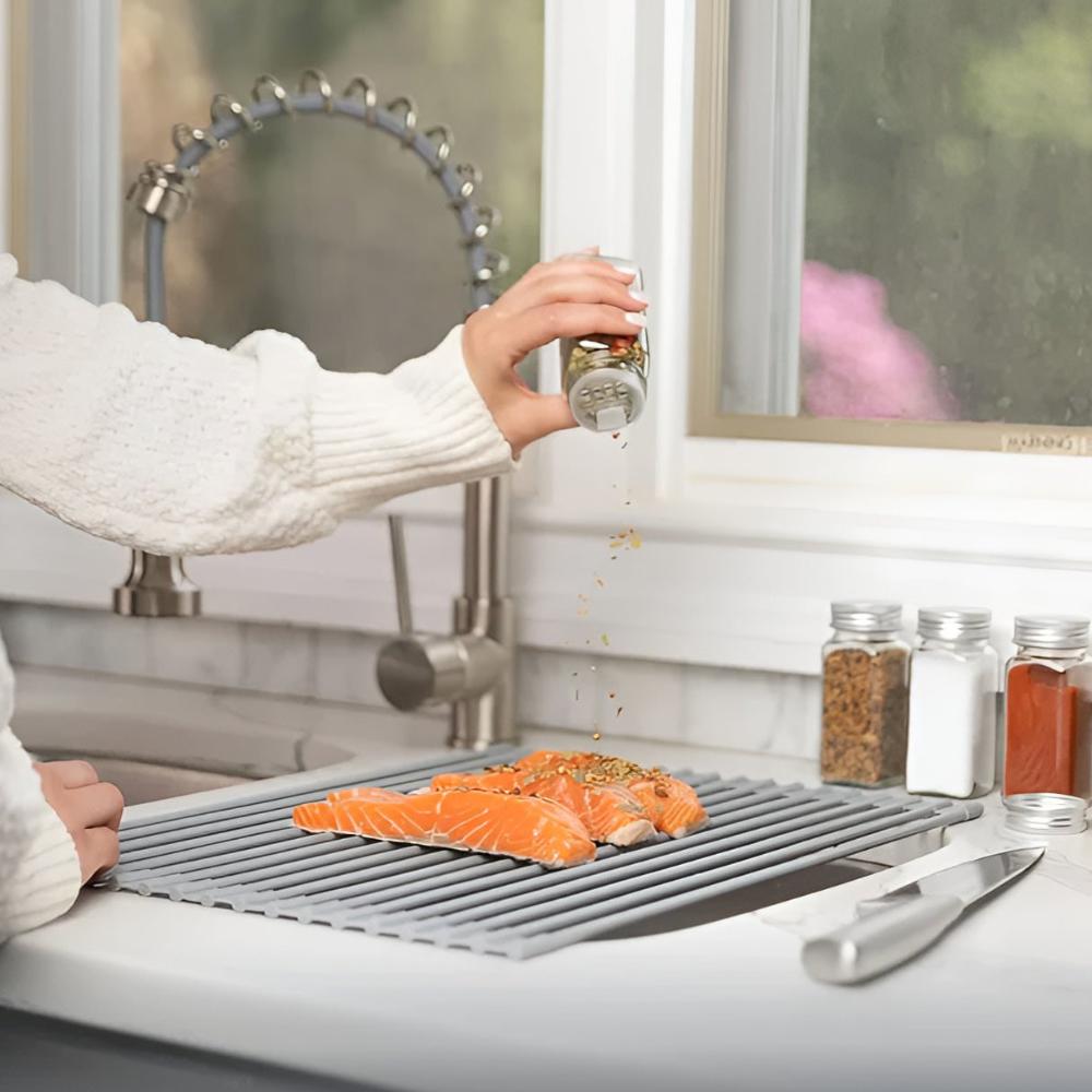 Over-Sink Dish Drying Rack Roll-Up Silicone Coated Stainless Steel