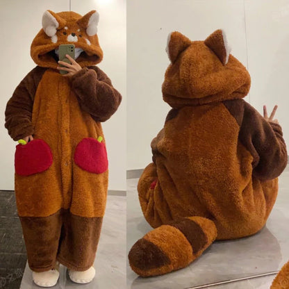 Pajama Set Red Panda Print Hooded Robe Removable Tail