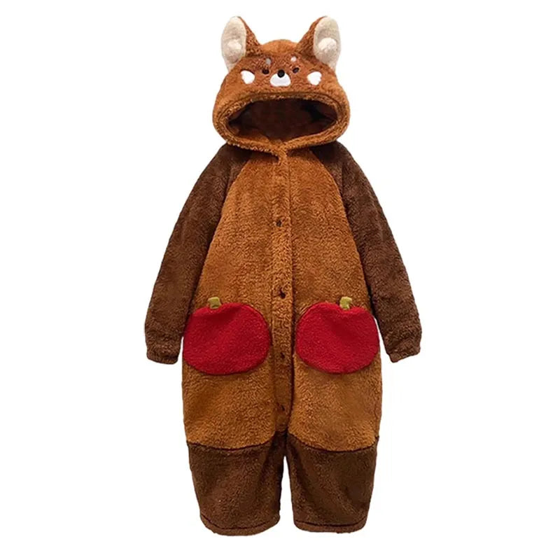 Pajama Set Red Panda Print Hooded Robe Removable Tail