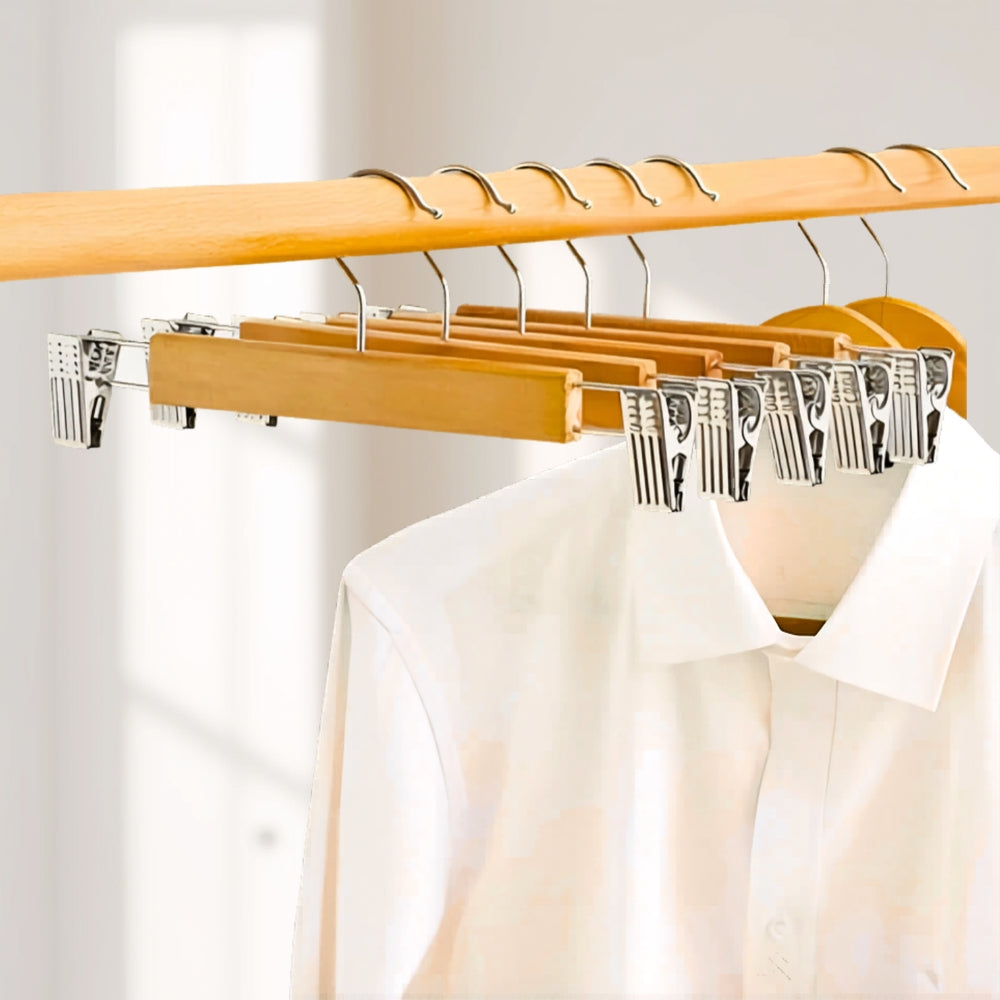 Pants Hangers Solid Wood Stainless Steel Clips 10 Pack