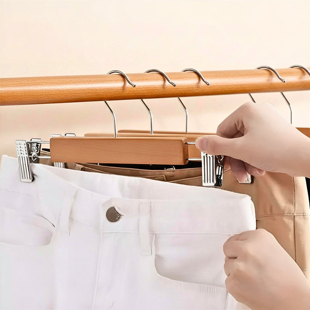 Pants Hangers Solid Wood Stainless Steel Clips 10 Pack