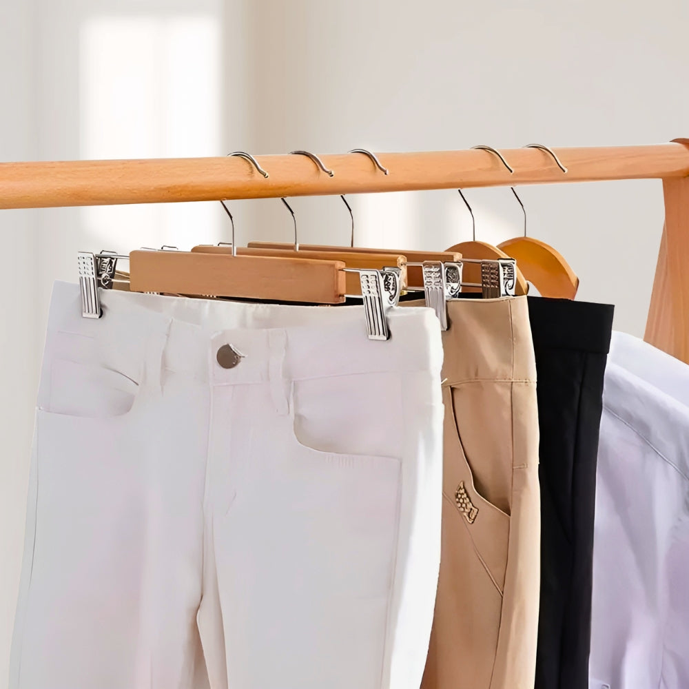 Pants Hangers Solid Wood Stainless Steel Clips 10 Pack