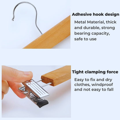 Pants Hangers Solid Wood Stainless Steel Clips 10 Pack