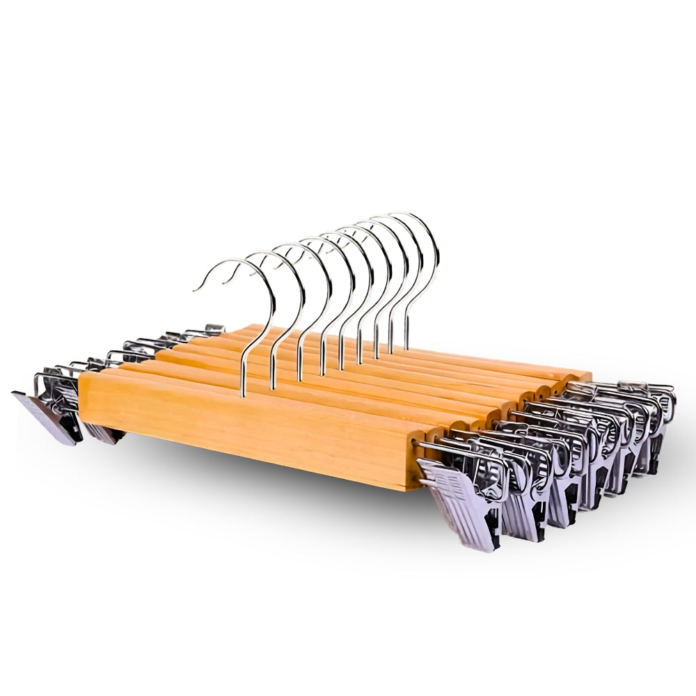 Pants Hangers Solid Wood Stainless Steel Clips 10 Pack