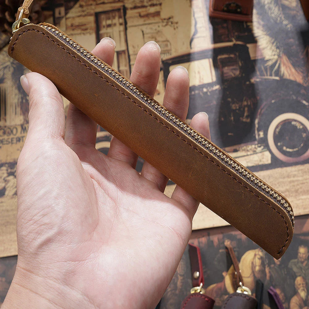 Pencil Case Leather Zipper Closure Compact Design
