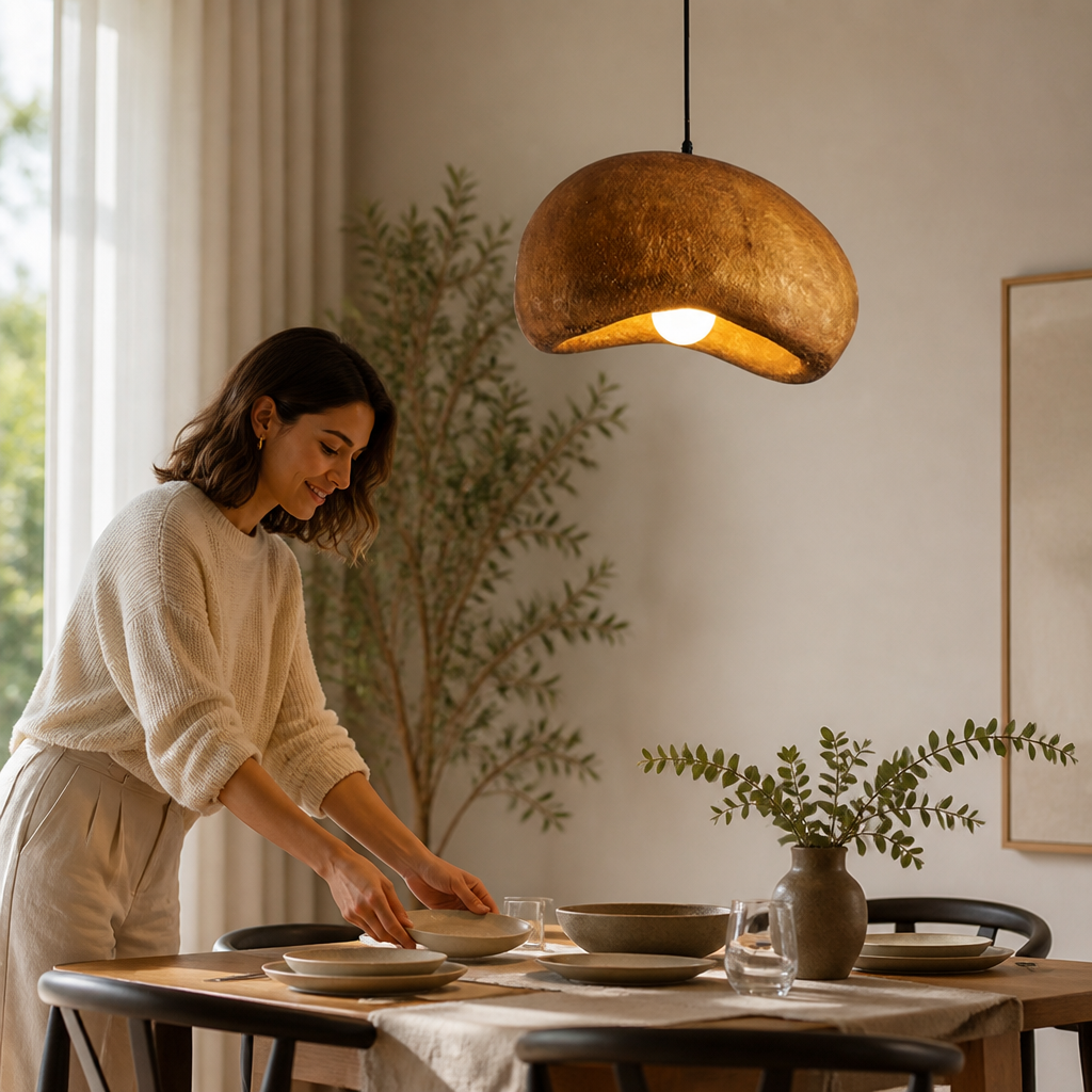 Pendant Lamp Handcrafted Ceramic & Metal Gold Finish