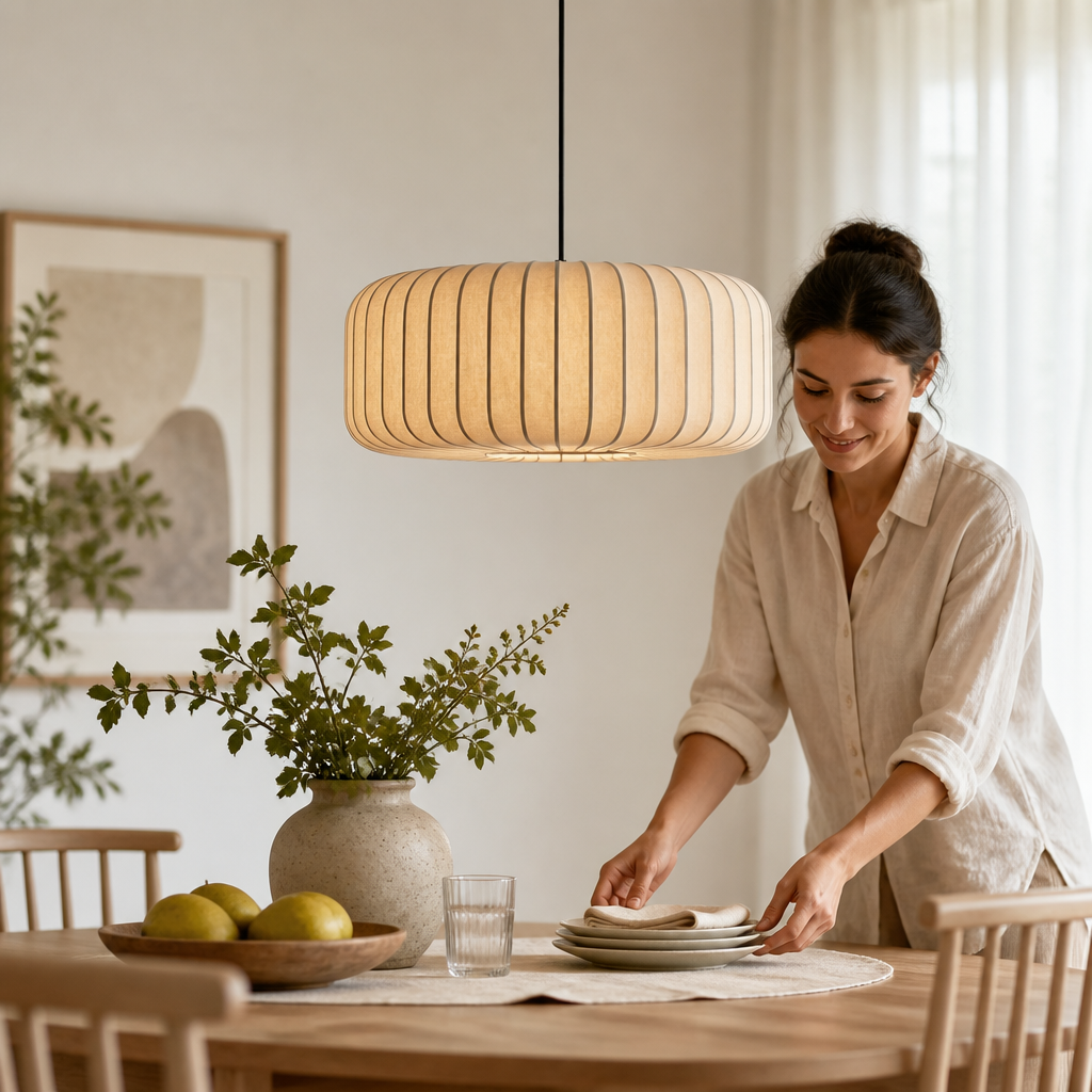 Pendant Lamp Handcrafted Fabric Shade Soft Diffused Light