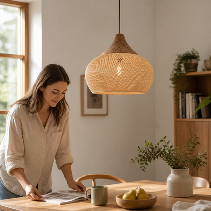 Pendant Lamp Handwoven Rattan Wooden Canopy