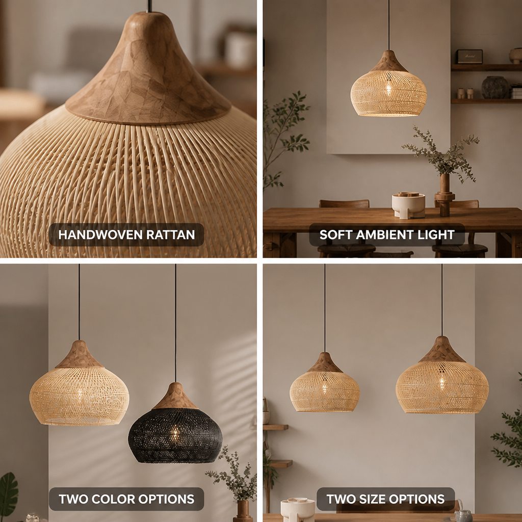 Pendant Lamp Handwoven Rattan Wooden Canopy