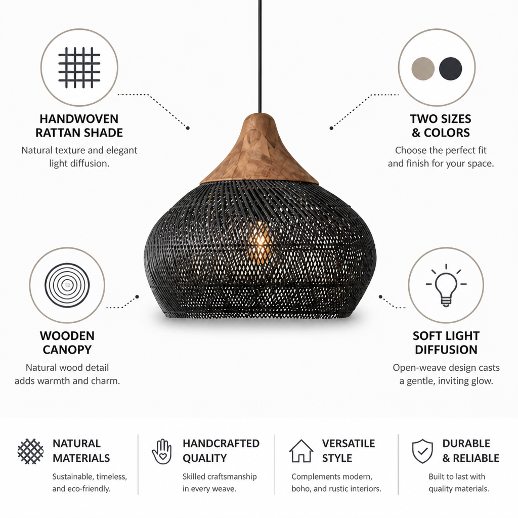 Pendant Lamp Handwoven Rattan Wooden Canopy