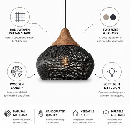 Pendant Lamp Handwoven Rattan Wooden Canopy