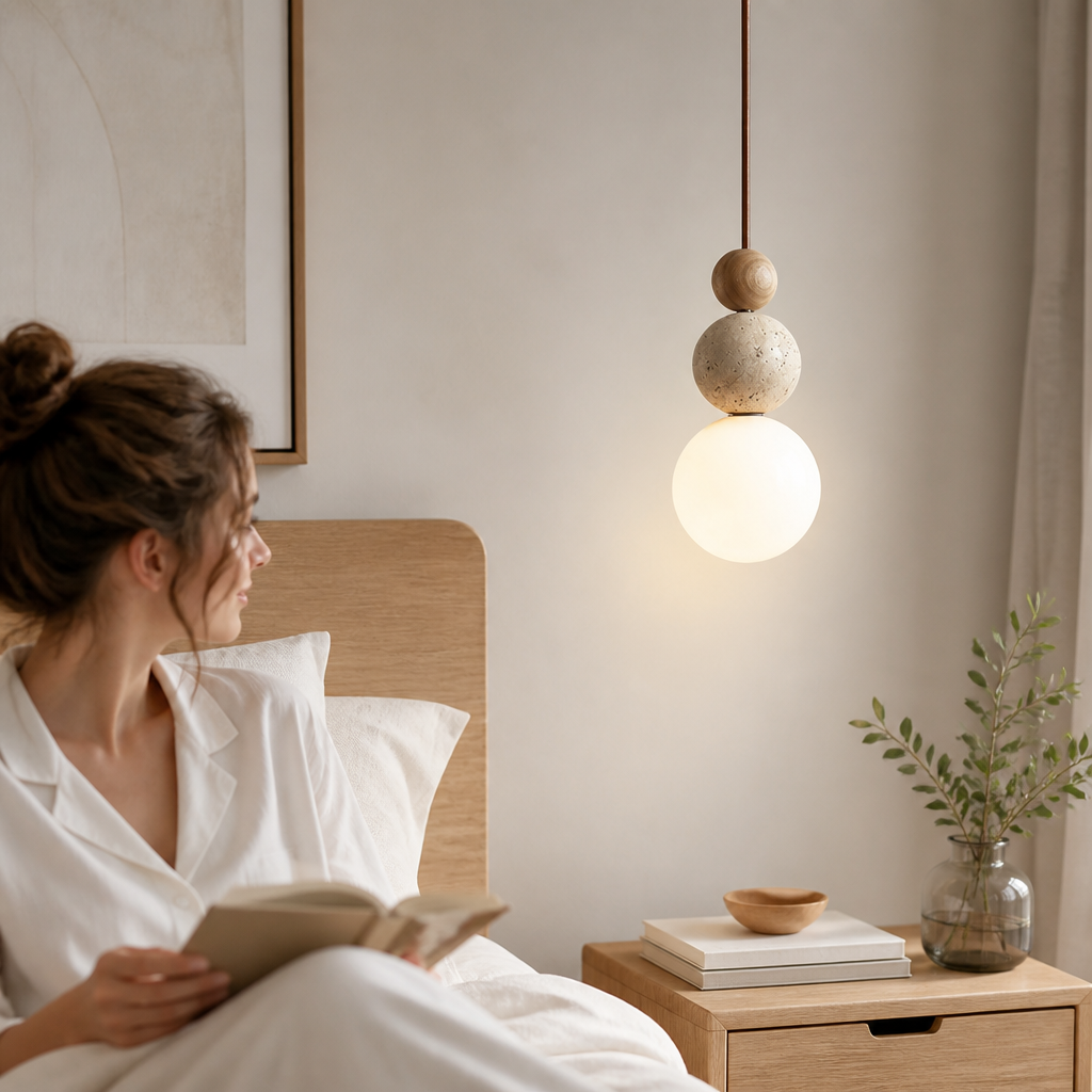 Pendant Lamp Japandi Wood & Stone Warm Light