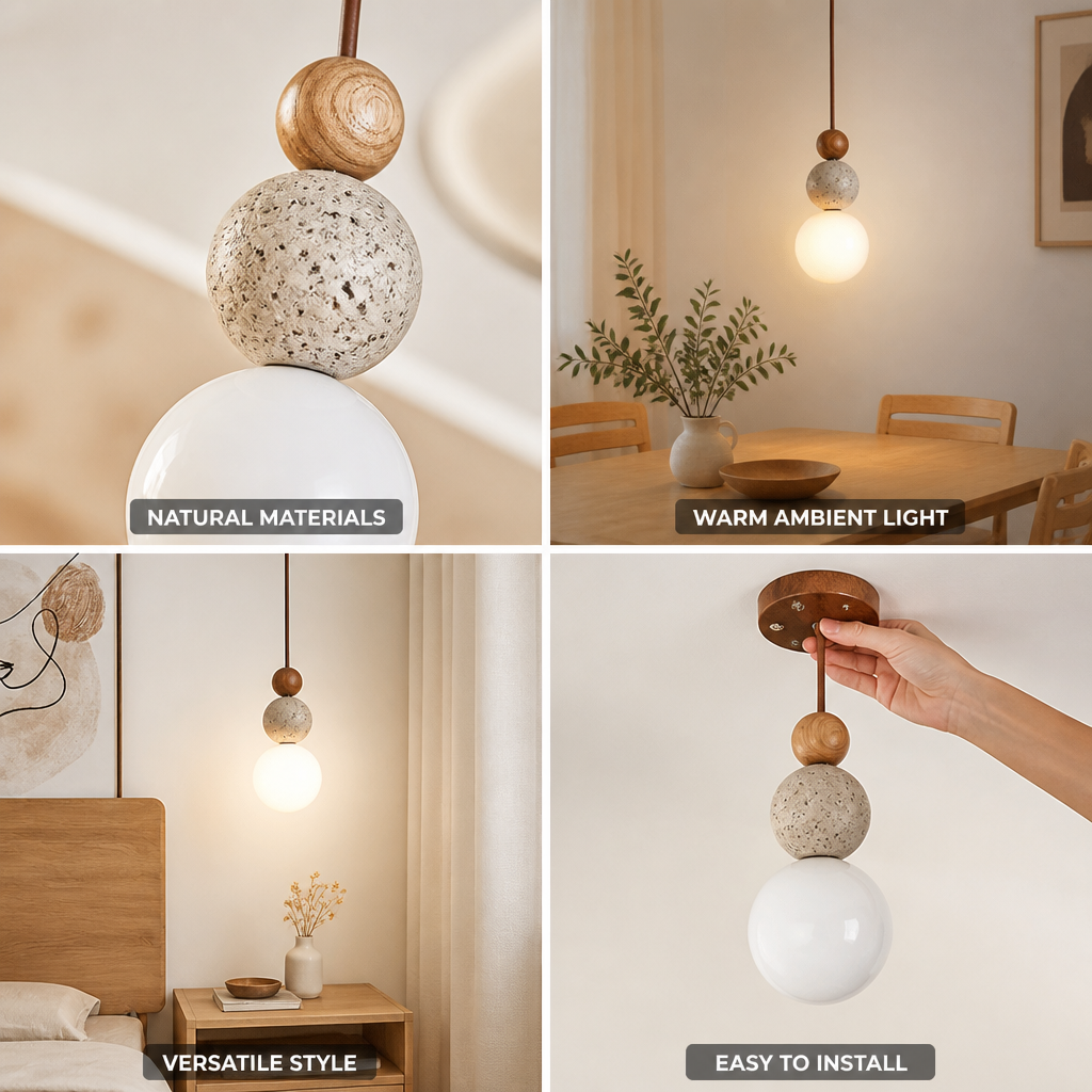 Pendant Lamp Japandi Wood & Stone Warm Light