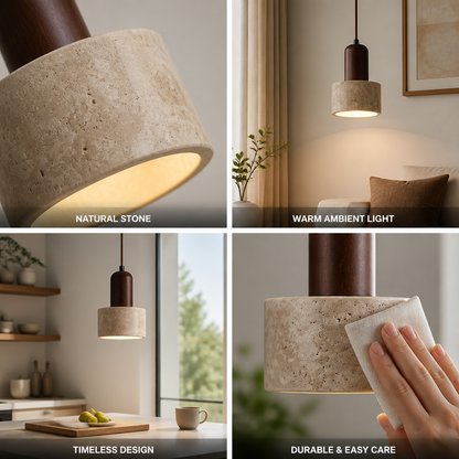 Pendant Lamp Natural Travertine Stone Warm Ambient Light