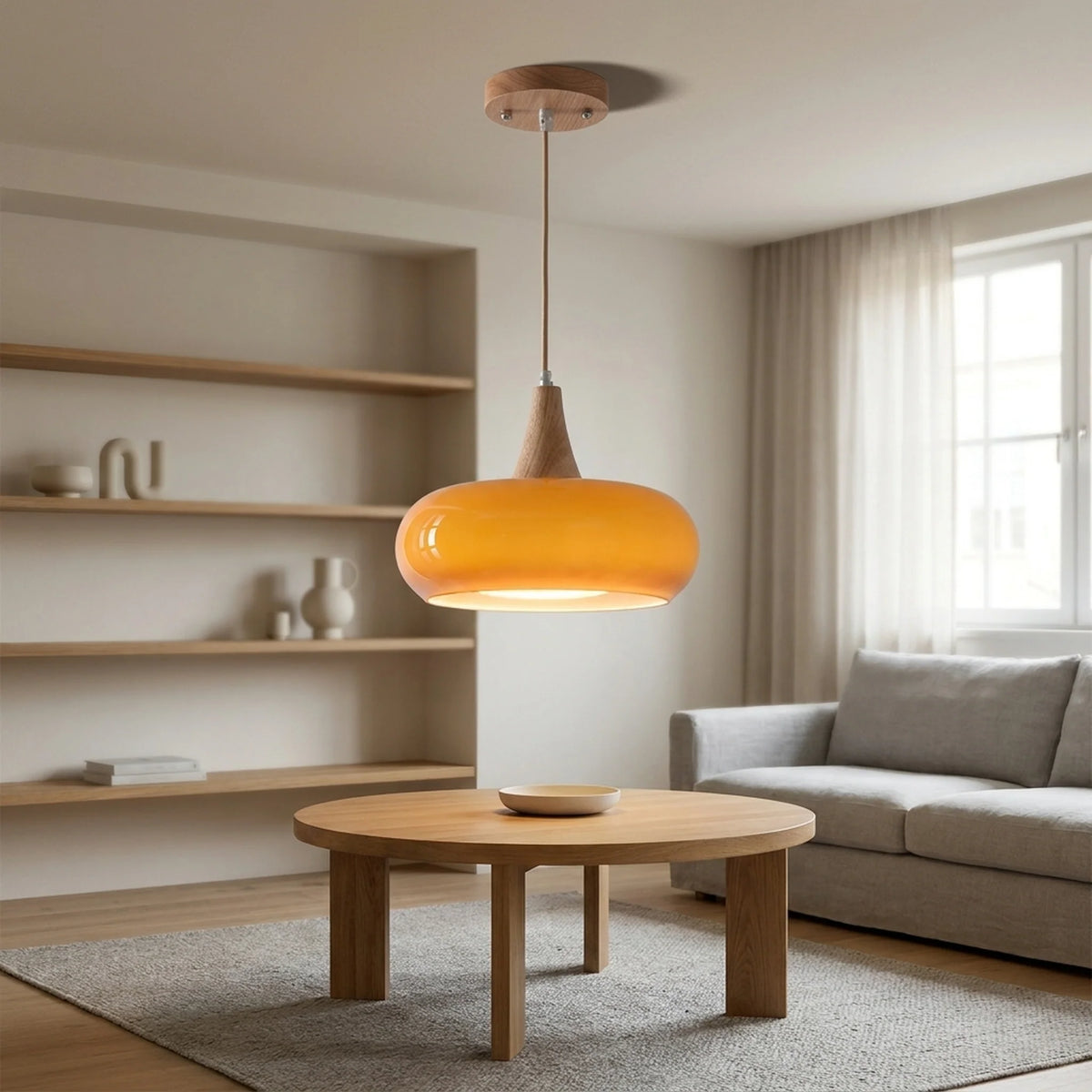 Pendant Light Glass Shade Natural Wood Adjustable Cord