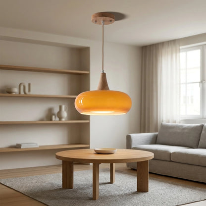 Pendant Light Glass Shade Natural Wood Adjustable Cord