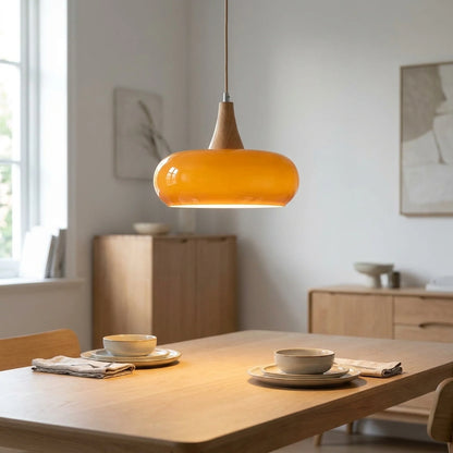 Pendant Light Glass Shade Natural Wood Adjustable Cord
